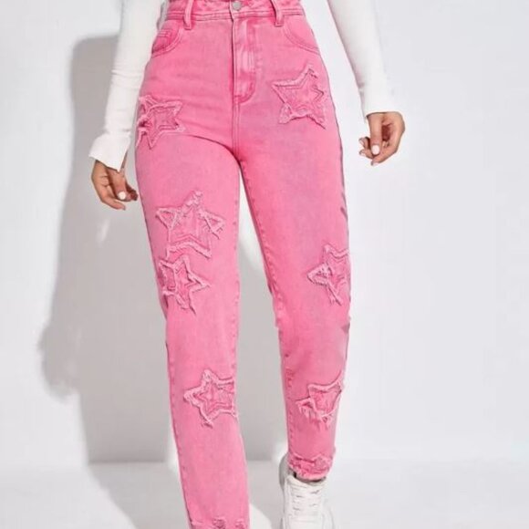 Pink Distressed Star Patched Jeans | SHEIN USA Size XS - Picture 2 of 7